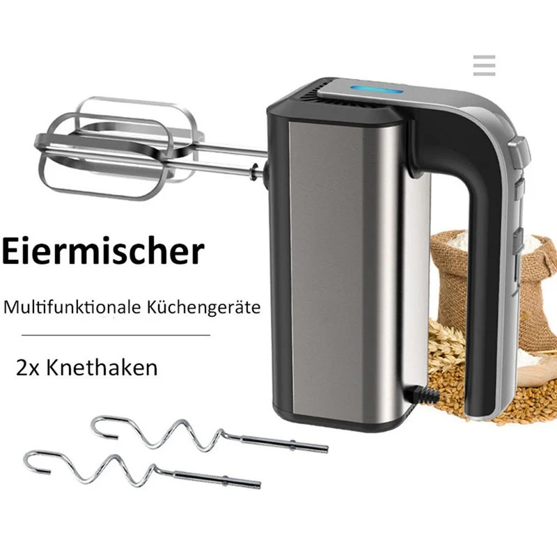 XIIW Elektrischer Handmixer 800W Edelstahl | 5 Geschwindigkeiten Handrührgerät mit Auswurftaste | 800 Watt Schneebesen & Knethaken Set