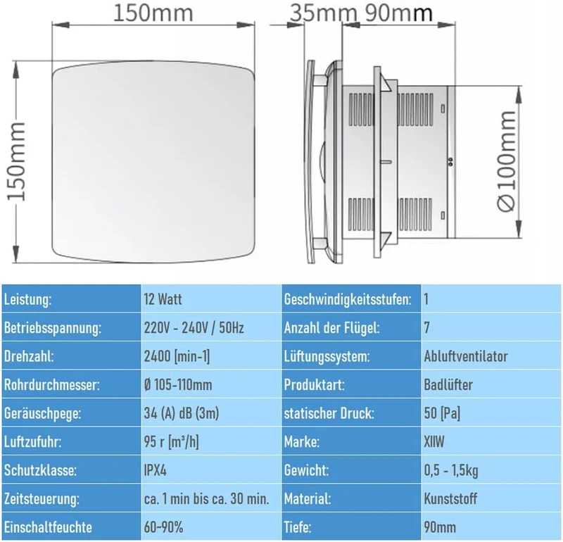 Badlüfter Ø100mm mit Timer – Leise (34dB), Energiesparend (12W), IPX4 Spritzwassergeschützt für Bad & WC
