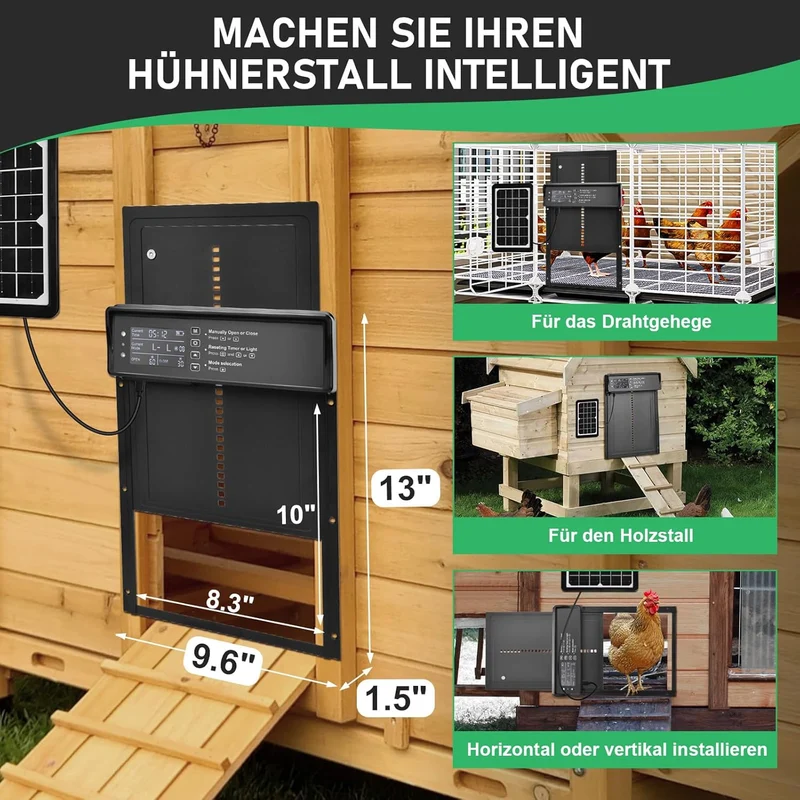 Automatische Hühnerstalltür – Solarbetrieben, Timer & LED Display, Anti-Quetsch-Schutz für Hühner & Enten