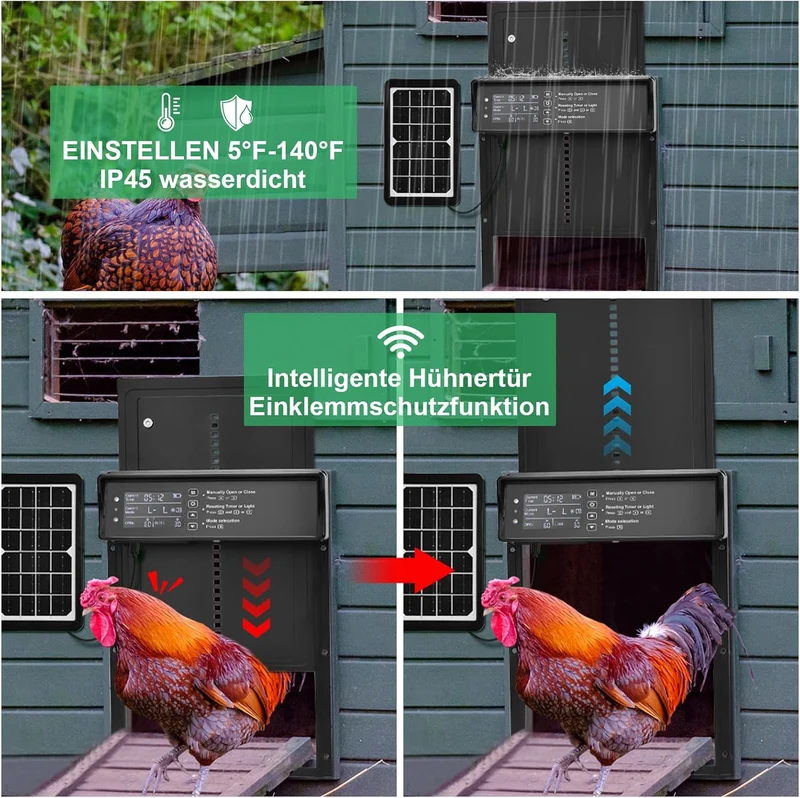 Automatische Hühnerstalltür – Solarbetrieben, Timer & LED Display, Anti-Quetsch-Schutz für Hühner & Enten