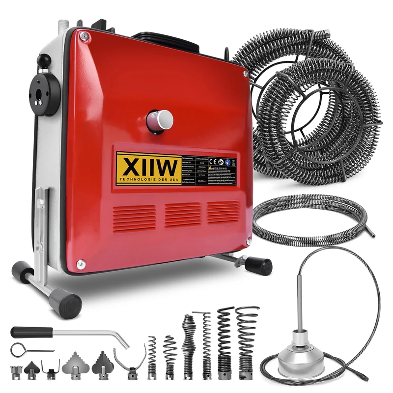 850W Rohrreinigungsmaschine Elektrischer Abflussreiniger für Ø20–200mm Rohre, 14m Ø22mm + 14.5m Ø16mm + 5m Ø10mm Spirale, Bohrköpfe, 450U/min