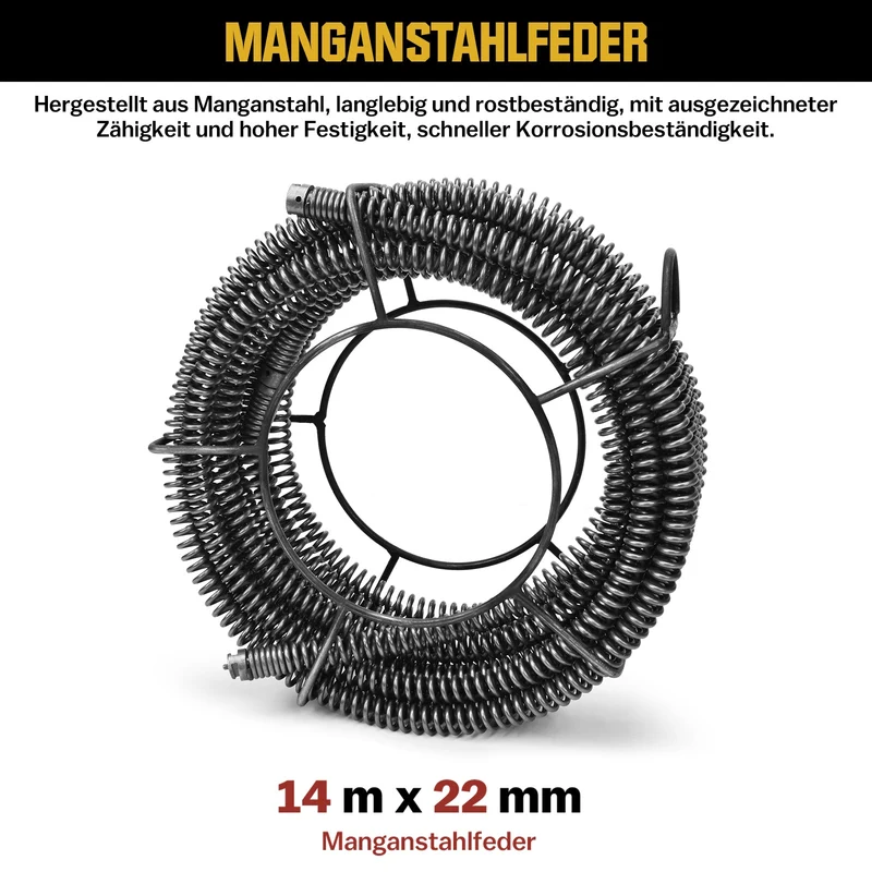 850W Rohrreinigungsmaschine Elektrischer Abflussreiniger für Ø20–200mm Rohre, 14m Ø22mm + 14.5m Ø16mm + 5m Ø10mm Spirale, Bohrköpfe, 450U/min