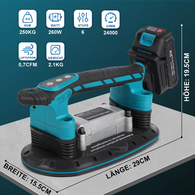 XIIW 2-in-1 Akku Fliesenrüttler mit Vakuumsauger 250 kg – 6 Stufen, 24000 U/min, für Großformatfliesen