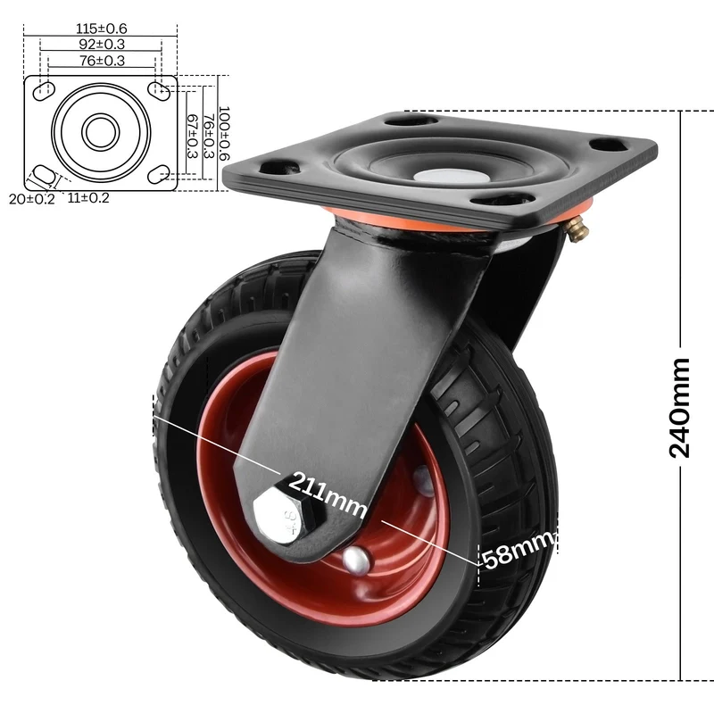 4er-Set 200mm Geländegängige Schwerlastrollen – 2× mit Bremse, 2× drehbar, für Werkstatt, Garten & Transportgeräte