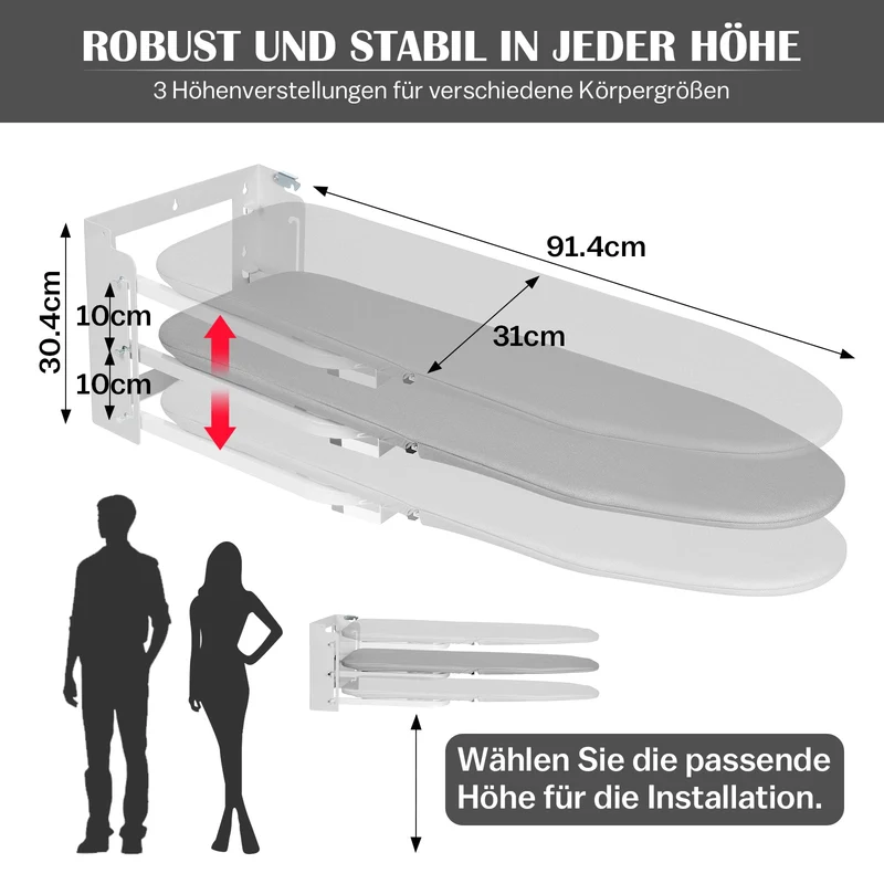 XIIW Wandbügelbrett Klappbar & Höhenverstellbar | Platzsparendes Bügelbrett Wandmontage 92x31cm | Stabiles Klapp-Bügelbrett für kleine Räume