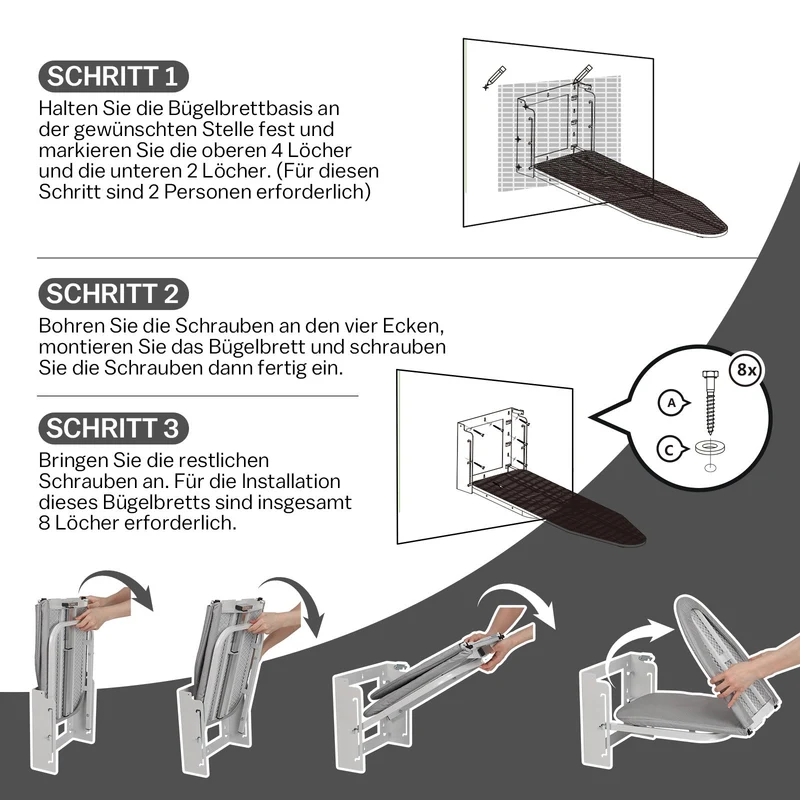 XIIW Wandbügelbrett Klappbar & Höhenverstellbar | Platzsparendes Bügelbrett Wandmontage 92x31cm | Stabiles Klapp-Bügelbrett für kleine Räume