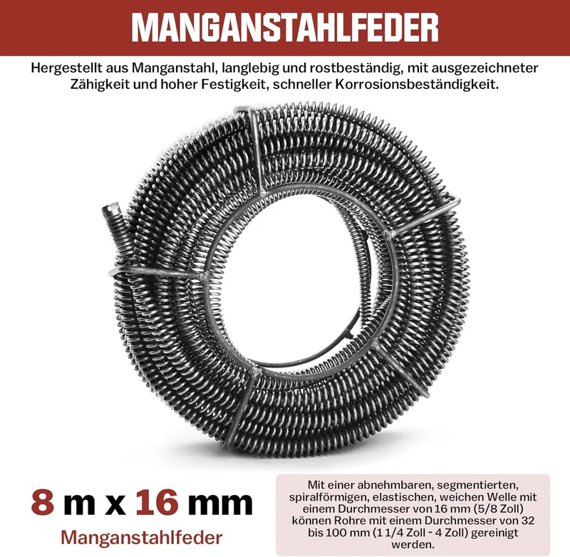 850W Rohrreinigungsmaschine mit 14m Ø22mm,14.5m Ø16mm, 5m Ø10mm Spirale für Ø20-200mm Rohrleitungen 450U/M