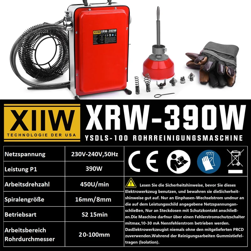 XIIW 390W Elektrische Rohrreinigungsmaschine | Abflussreiniger für Rohre Ø20-100mm | Profi Rohrreinigungsgerät inkl. 6 Bohrköpfe & 24m Spiralen-Set