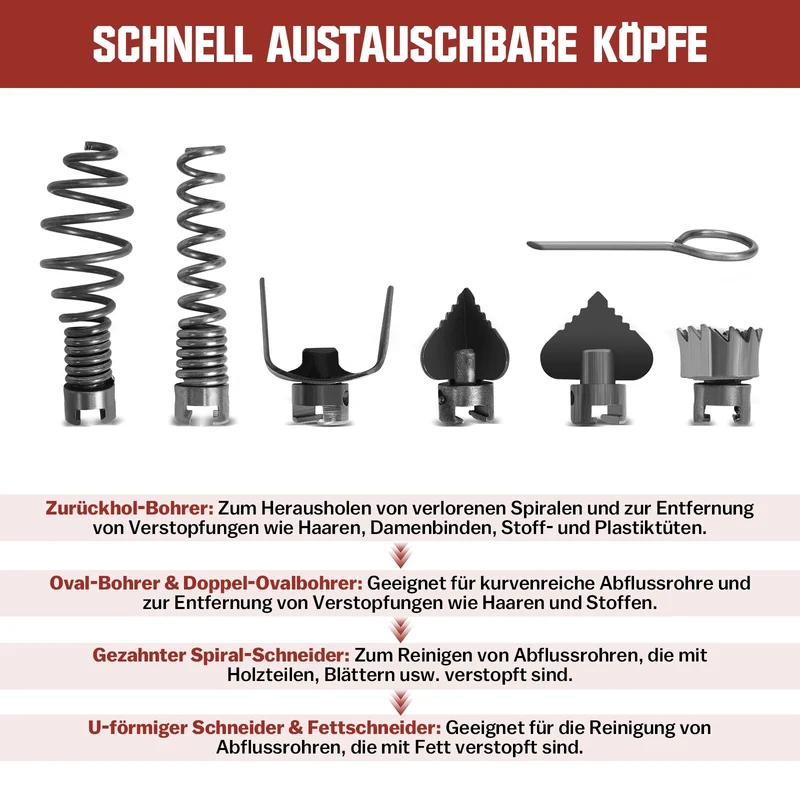XIIW 390W Elektrische Rohrreinigungsmaschine | Abflussreiniger für Rohre Ø20-100mm | Profi Rohrreinigungsgerät inkl. 6 Bohrköpfe & 24m Spiralen-Set