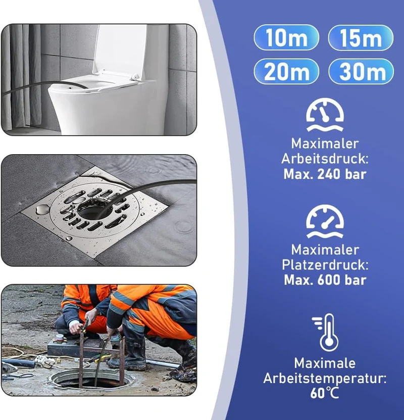 10-30M Rohrreinigungsschlauch Max. 240Bar für Kärcher K2-K7, LAVOR, Bosch Hochdruckreiniger