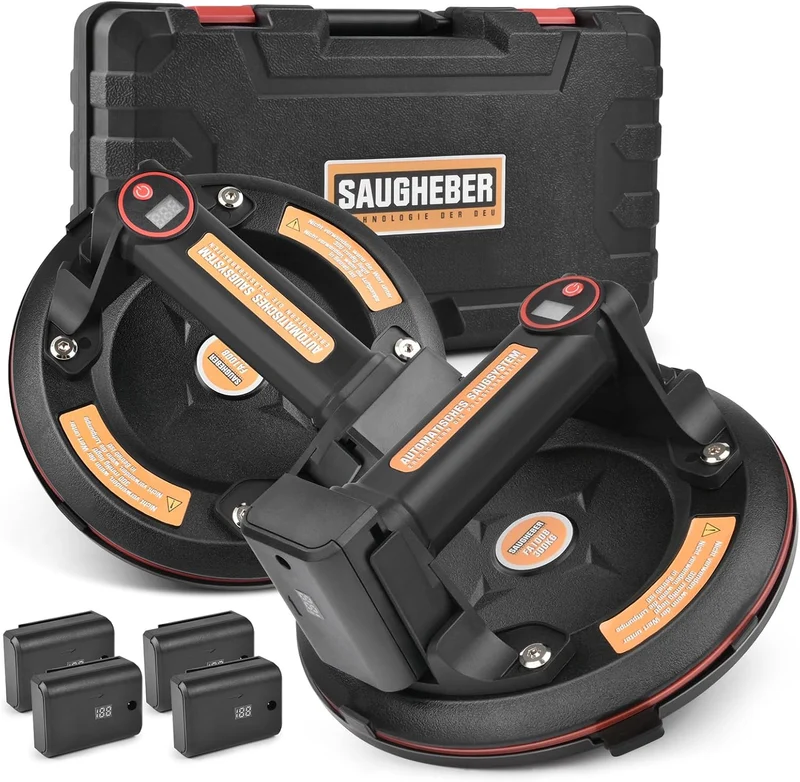 XIIW 2 Akku-Vakuum-Saugheber bis 300 kg Tragkraft, elektrischer Glasheber mit 4 Akkus & Koffer für Glas, Fliesen, Marmor & Metall