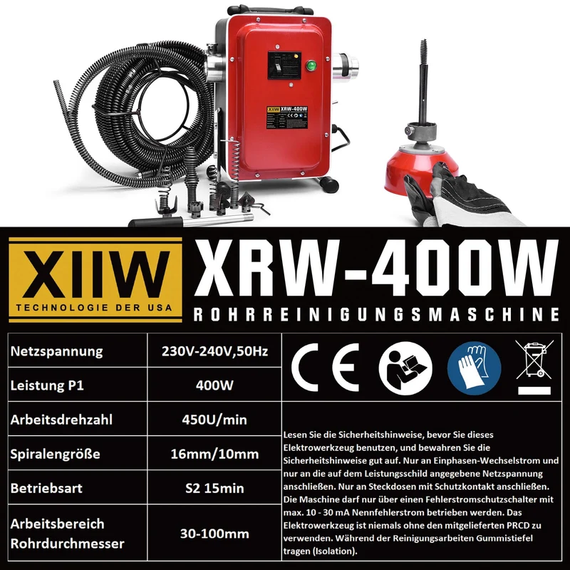 XIIW 400W Elektrische Rohrreinigungsmaschine mit FI-Schutzschalter | Abflussreiniger für Ø30-100mm Rohre | Profi-Set inkl. 8 Bohrköpfe & 24m Spiralen