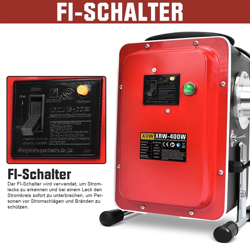 XIIW 400W Elektrische Rohrreinigungsmaschine mit FI-Schutzschalter | Abflussreiniger für Ø30-100mm Rohre | Profi-Set inkl. 8 Bohrköpfe & 24m Spiralen