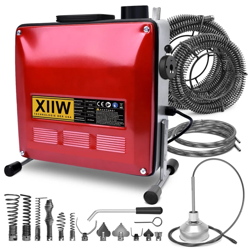 850W Rohrreinigungsmaschine mit 14m Ø22mm,14.5m Ø16mm, 5m Ø10mm Spirale für Ø20-200mm Rohrleitungen 450U/M