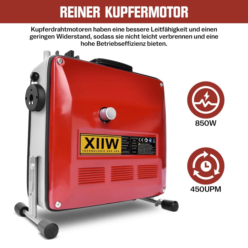 850W Rohrreinigungsmaschine mit 14m Ø22mm,14.5m Ø16mm, 5m Ø10mm Spirale für Ø20-200mm Rohrleitungen 450U/M