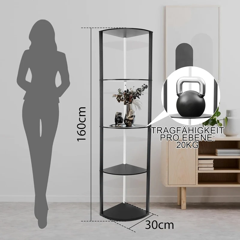 XIIW 5-Etagen Eckregal mit LED-Beleuchtung | 162cm Hocher Eckschrank mit App-Steuerung | RGB Farbewechsel Vitrine für Wohnzimmer & Büro