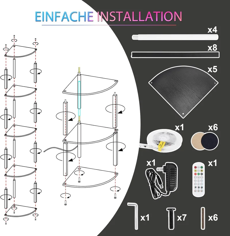 XIIW 5-Etagen Eckregal mit LED-Beleuchtung | 162cm Hocher Eckschrank mit App-Steuerung | RGB Farbewechsel Vitrine für Wohnzimmer & Büro