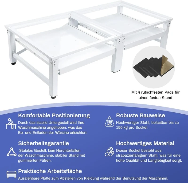 XIIW Doppel-Waschmaschinensockel mit 2 Ausziehablagen – 124 × 58,5 × 32 cm, Metall-Untergestell für 2 Geräte, bis 300 kg