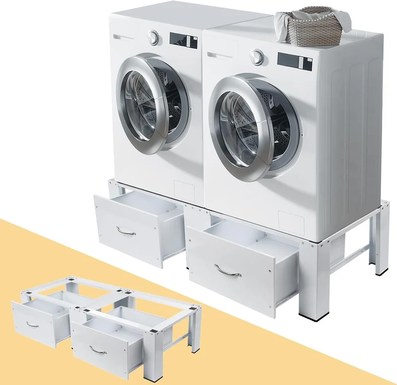 XIIW Doppel-Waschmaschinensockel mit 2 Schubladen – 126 × 54 × 32 cm, Metall-Untergestell für 2 Geräte, bis 300 kg