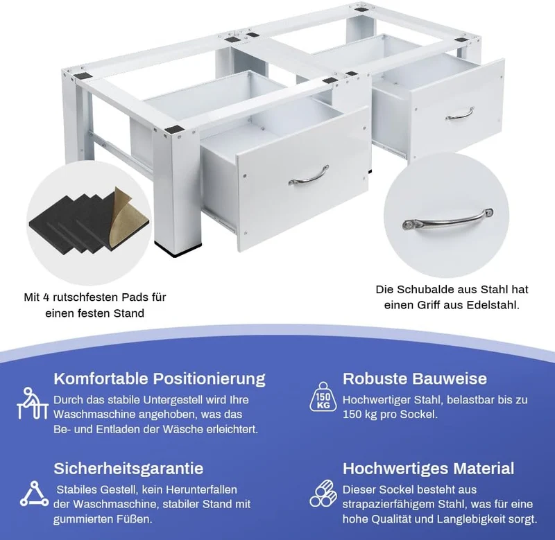 XIIW Doppel-Waschmaschinensockel mit 2 Schubladen – 126 × 54 × 32 cm, Metall-Untergestell für 2 Geräte, bis 300 kg