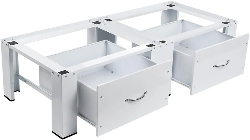 XIIW Doppel-Waschmaschinensockel mit 2 Schubladen – 126 × 54 × 32 cm, Metall-Untergestell für 2 Geräte, bis 300 kg