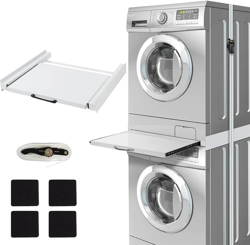 XIIW Waschmaschinen-Zwischenbaurahmen mit Ausziehablage und 5-m-Spanngurt – 60 × 55 cm, bis 100 kg, für Waschmaschine und Trockner