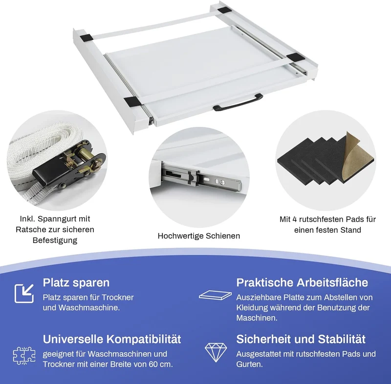 XIIW Waschmaschinen-Zwischenbaurahmen mit Ausziehablage und 5-m-Spanngurt – 60 × 55 cm, bis 100 kg, für Waschmaschine und Trockner