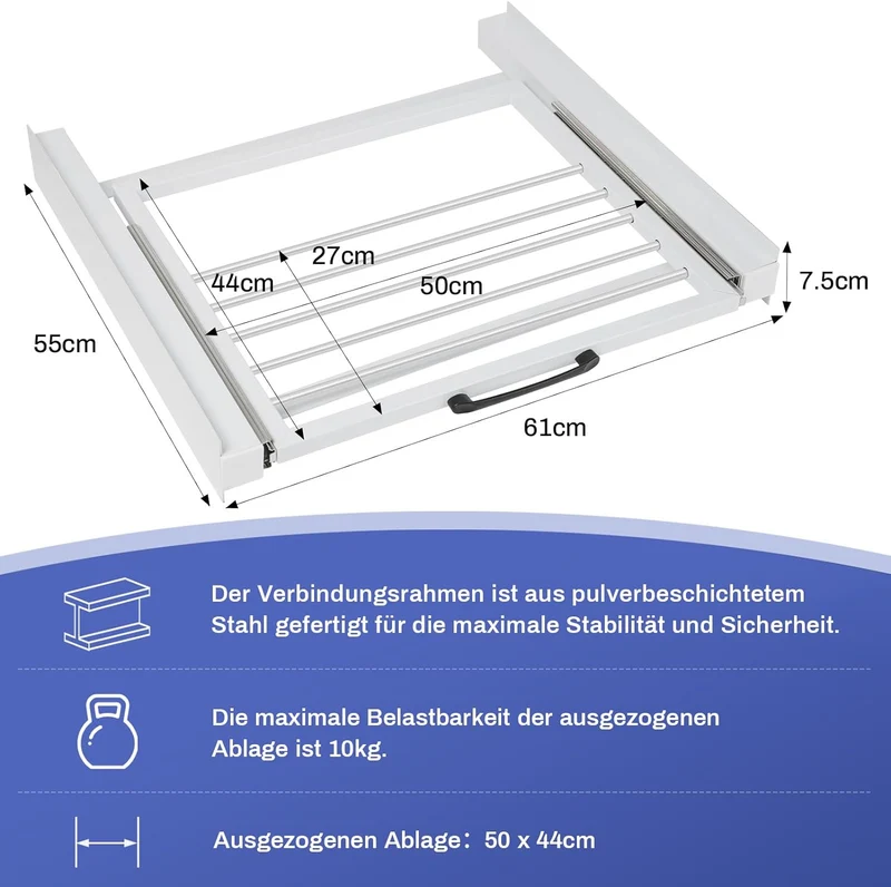 XIIW Waschmaschinen-Zwischenbaurahmen mit ausziehbarem Handtuchhalter – 61 × 55 cm, bis 100 kg, mit 5-m-Spanngurt