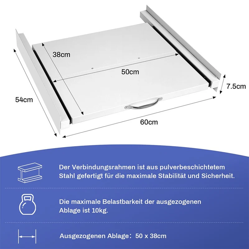 XIIW Waschmaschinen-Zwischenbaurahmen mit Ausziehablage – 60 × 60 cm, bis 100 kg, Verbindungsrahmen für Waschmaschine und Trockner