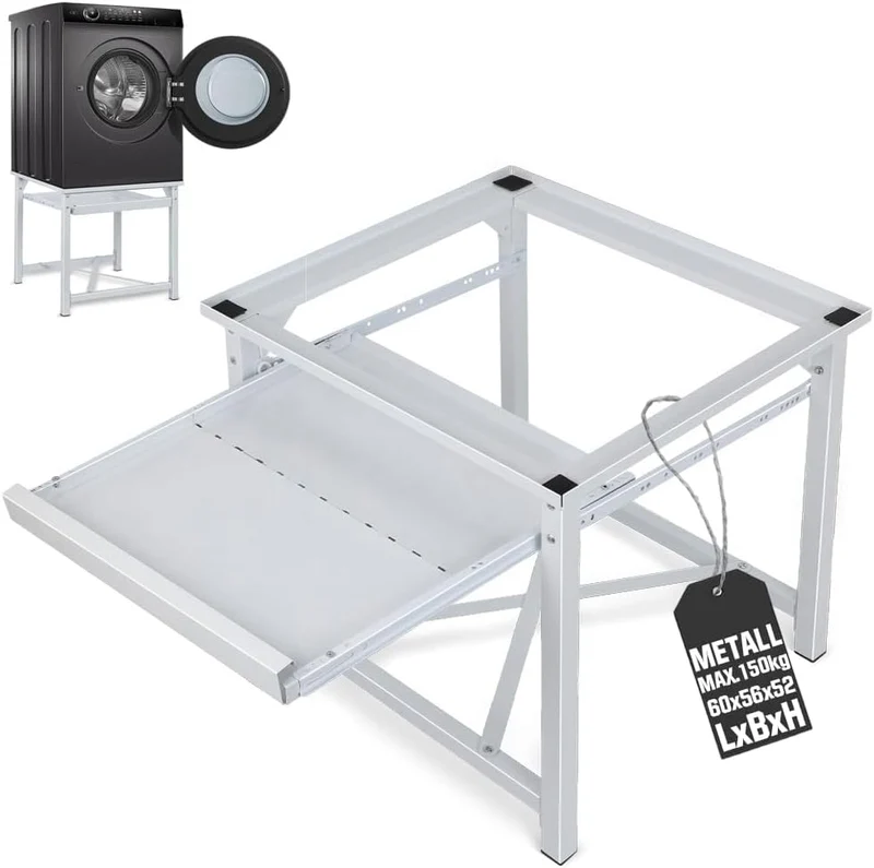 XIIW Waschmaschinen-Untergestell mit Ausziehablage – 60 × 56 × 52 cm, Metall-Sockel bis 150 kg mit Antirutsch-Pads