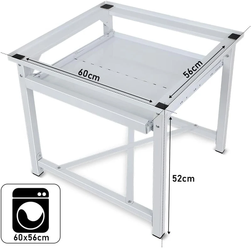 XIIW Waschmaschinen-Untergestell mit Ausziehablage – 60 × 56 × 52 cm, Metall-Sockel bis 150 kg mit Antirutsch-Pads