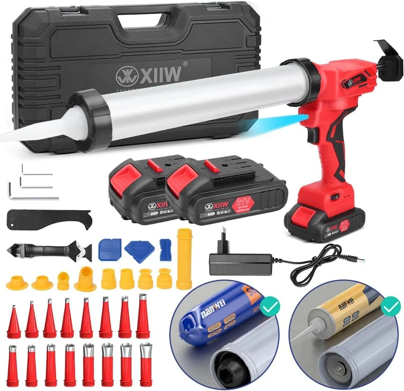 XIIW Elektrische Kartuschenpistole Set mit 2x Akku | 7840N Profi Silikonpistole für 310ml & 600ml | 25-tlg. Fugenwerkzeug-Set inkl. LED & Koffer