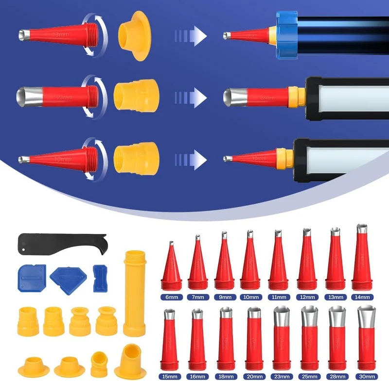 XIIW Elektrische Kartuschenpistole Set mit 2x Akku | 7840N Profi Silikonpistole für 310ml & 600ml | 25-tlg. Fugenwerkzeug-Set inkl. LED & Koffer