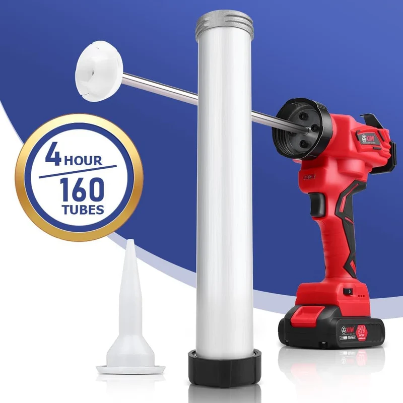 XIIW Elektrische Kartuschenpistole Set mit 2x Akku | 7840N Profi Silikonpistole für 310ml & 600ml | 25-tlg. Fugenwerkzeug-Set inkl. LED & Koffer