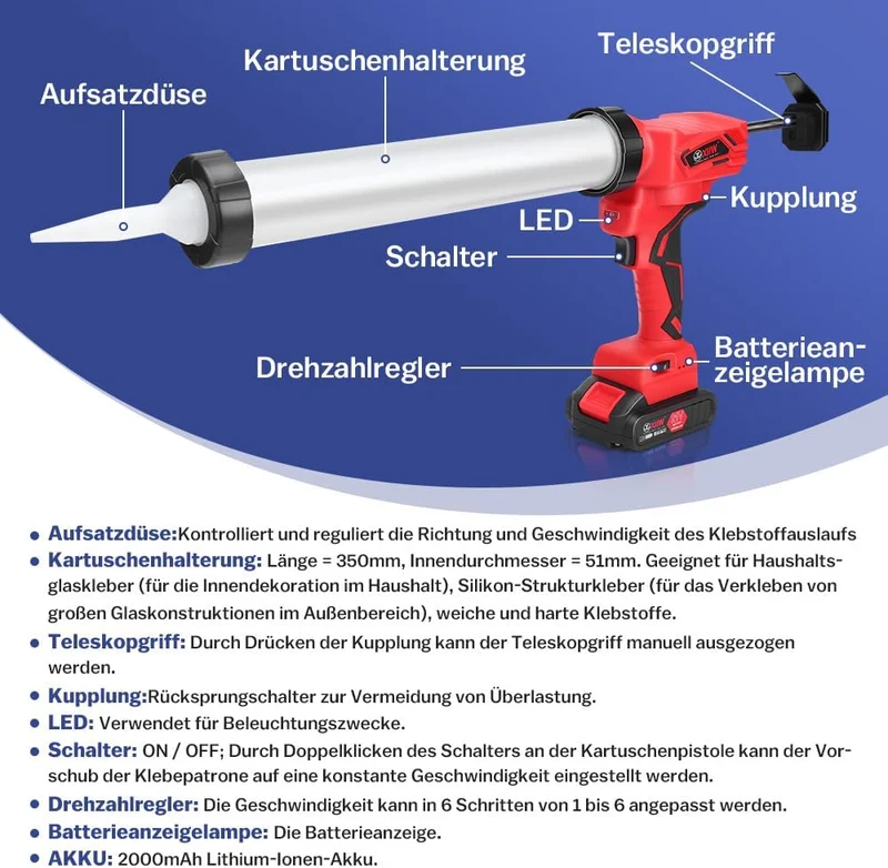 Automatische Kartuschenpistole mit LED-Beleuchtung, variabler Geschwindigkeit & 7840 N Druck – Ideal für Silikon- und Glasverklebung