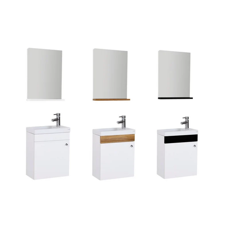 Oase Mini Waschtisch im Komplett Set mit Unterschrank mit Spiegel mit Tablet und Waschbecken weiß, braun & schwarz