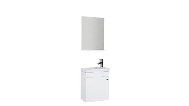 Oase Mini Waschtisch im Komplett Set mit Unterschrank mit Spiegel mit Tablet und Waschbecken weiß, braun & schwarz