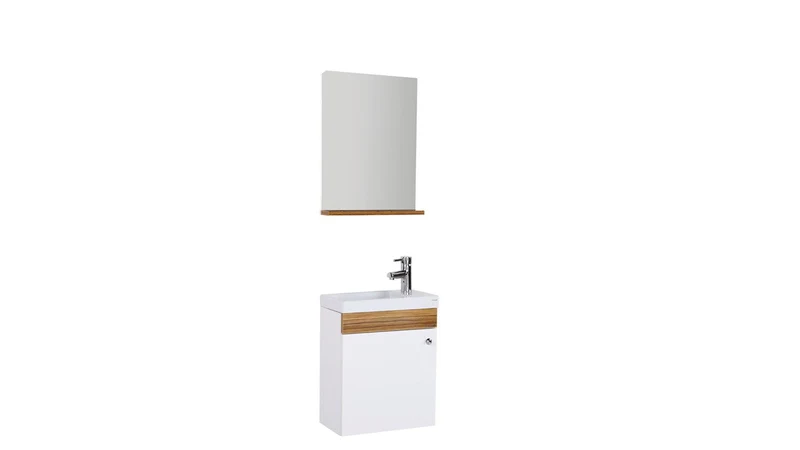 Oase Mini Waschtisch im Komplett Set mit Unterschrank mit Spiegel mit Tablet und Waschbecken weiß, braun & schwarz