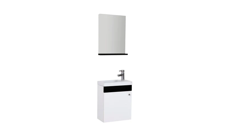 Oase Mini Waschtisch im Komplett Set mit Unterschrank mit Spiegel mit Tablet und Waschbecken weiß, braun & schwarz