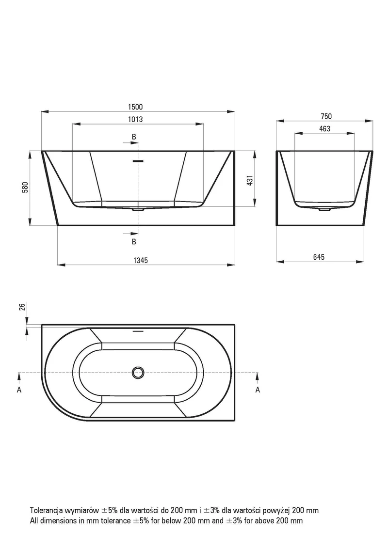 DEANTE Silia Wand- oder Freistehende Badewanne - Rechts - 150 cm // Weiß // KDS-015P