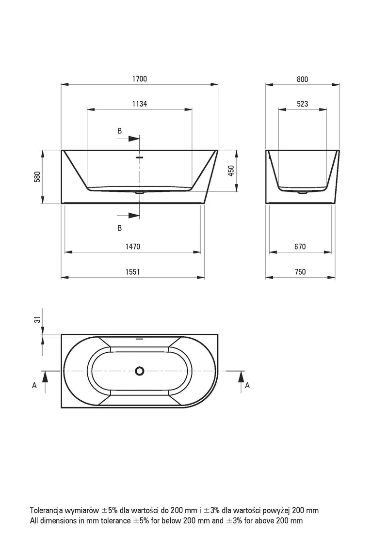 DEANTE Silia Wand- oder Freistehende Badewanne - Links - 170 cm // Weiß // KDS-017L