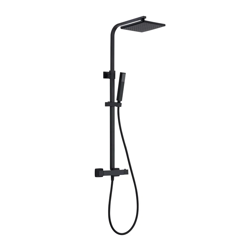 Oase Duschsystem Schwarz Matt Eckig mit Regendusche, Handbrause, Duschstange und Thermostat