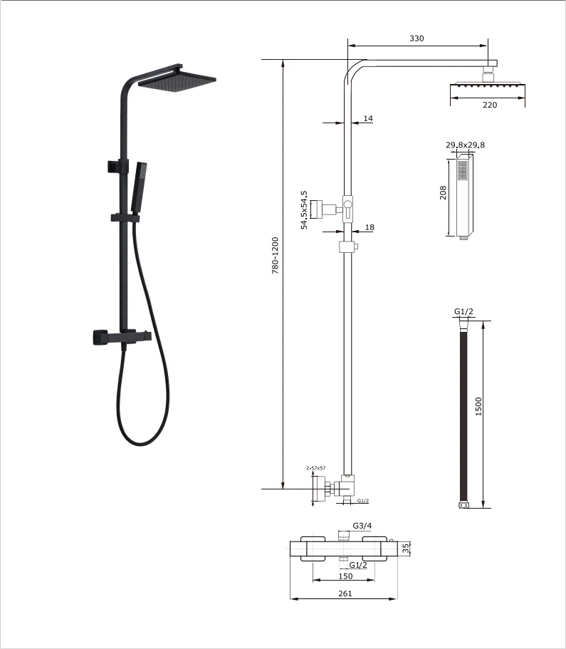 Oase Duschsystem Schwarz Matt Eckig mit Regendusche, Handbrause, Duschstange und Thermostat
