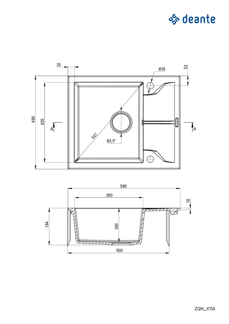 DEANTE Andante Granitspülbecken mit Abtropffläche // Graphit // ZQN-211A