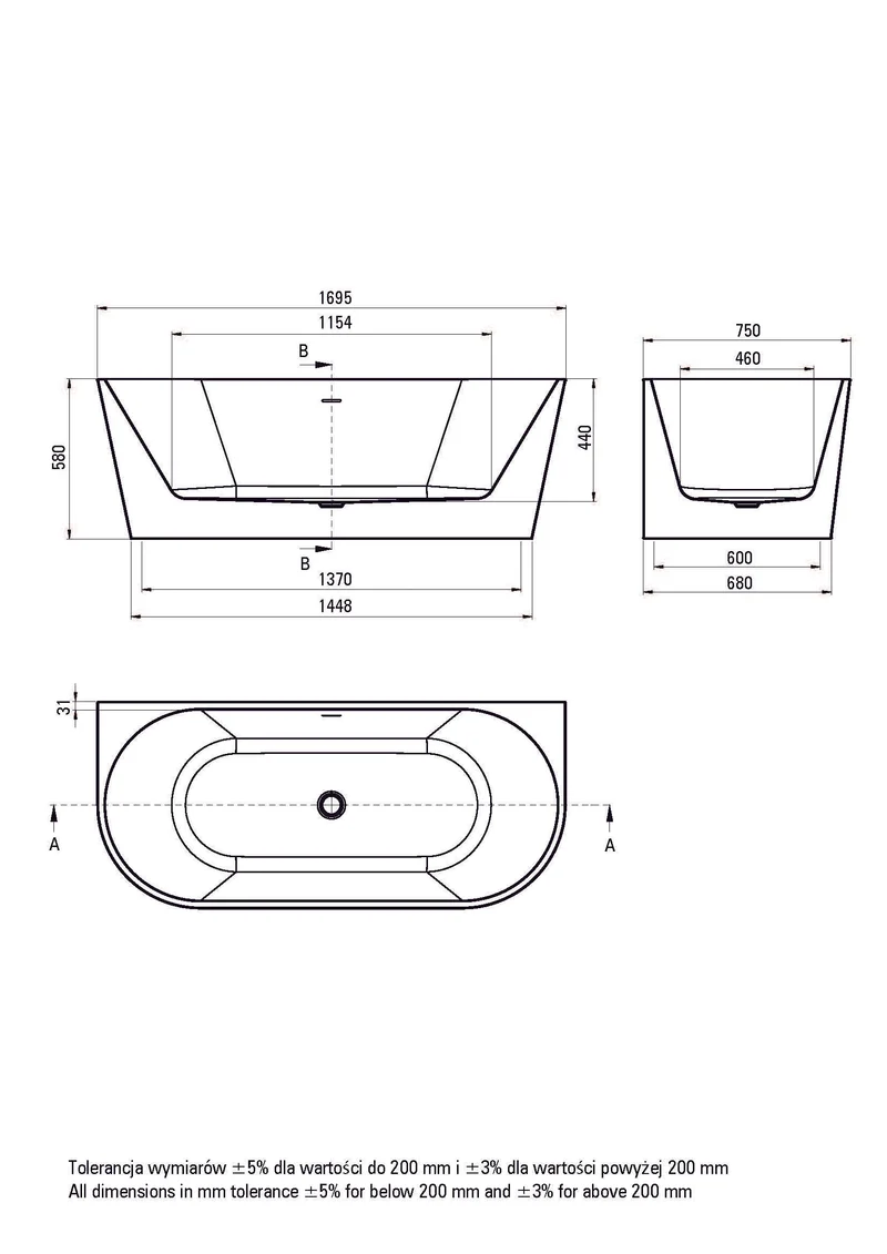 DEANTE Silia Wand- oder Freistehende Badewanne - 170 cm // Weiß // KDS-017W
