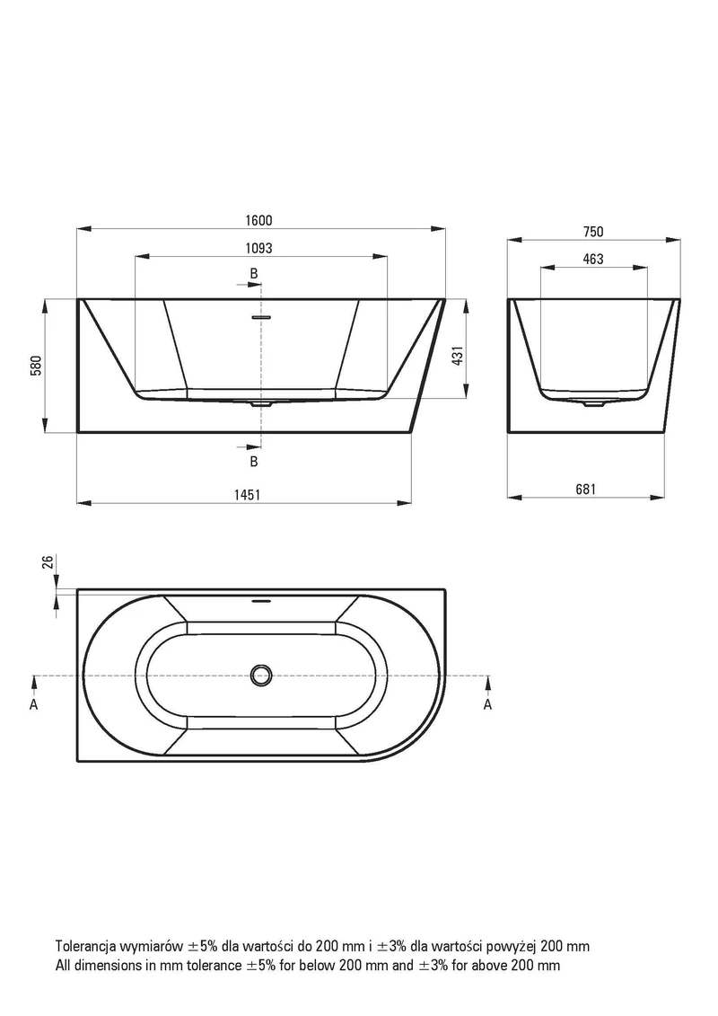 DEANTE Silia Wand- oder Freistehende Badewanne - Links - 160 cm // Weiß // KDS-016L