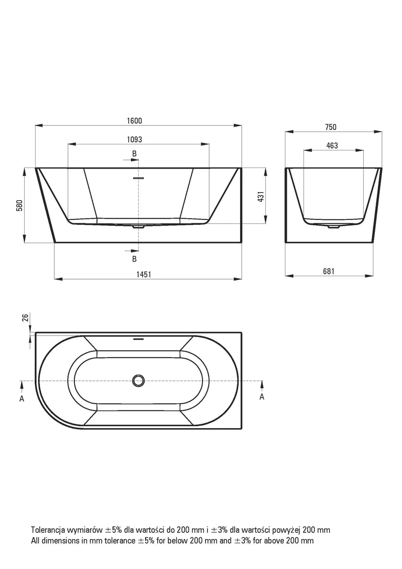DEANTE Silia Wand- oder Freistehende Badewanne - Rechts - 160 cm // Weiß // KDS-016P
