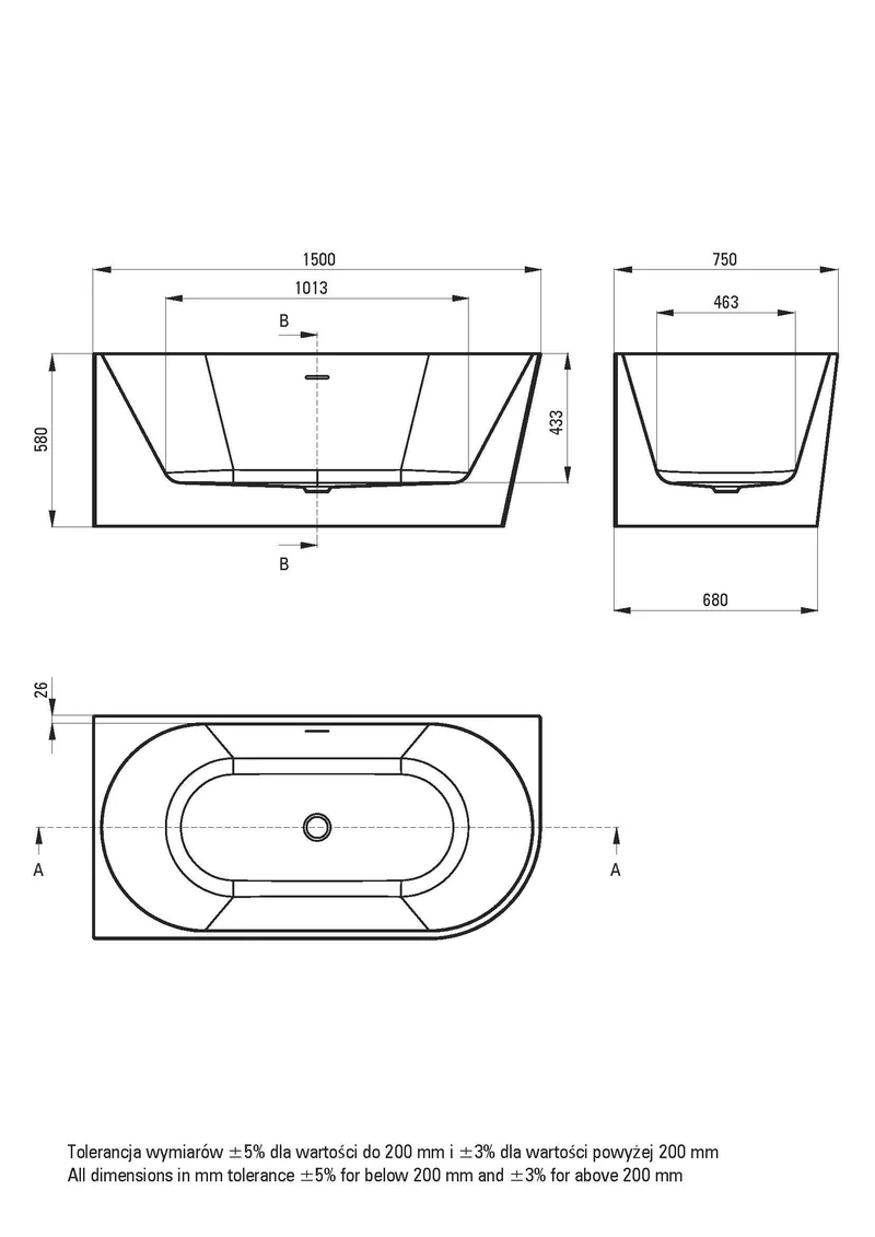 DEANTE Silia Wand- oder Freistehende Badewanne - Links - 150 cm // Weiß // KDS-015L