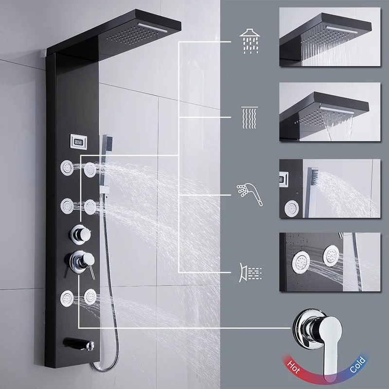 Edelstahl Duschpaneel - mit Regendusche Handbrause Massagedusche - Schwarz