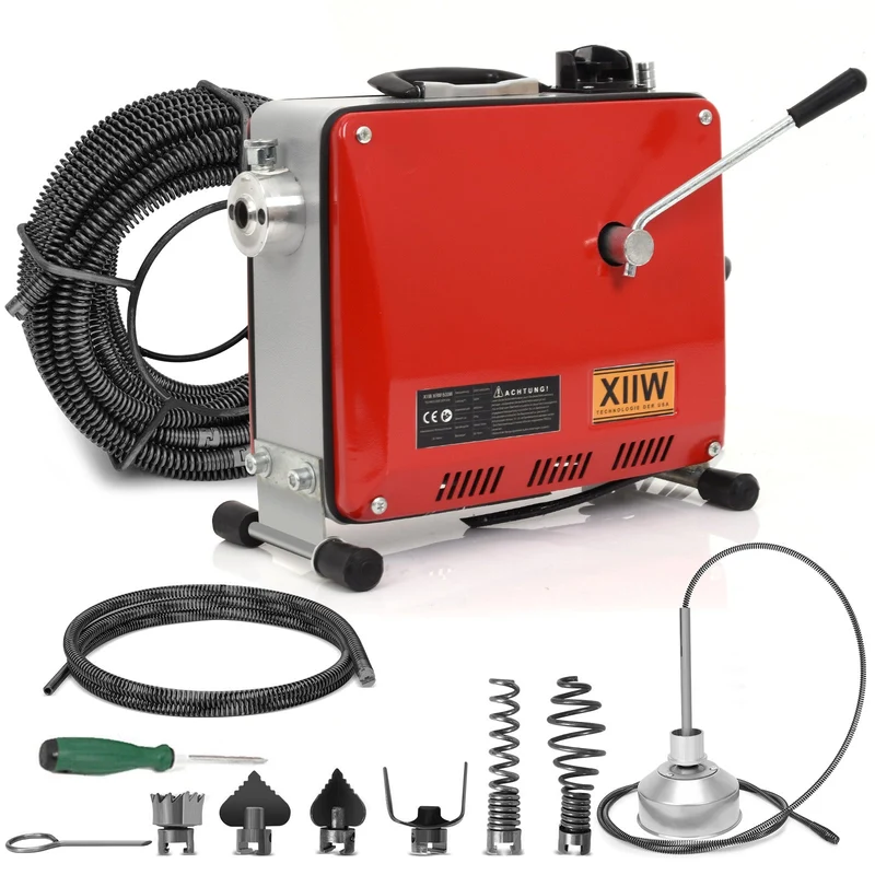 XIIW 500W Elektrische Rohrreinigungsmaschine | Profi Abflussreiniger mit 20m Spiralen-Set | Rohrreinigungsgerät für Rohre Ø30-100mm